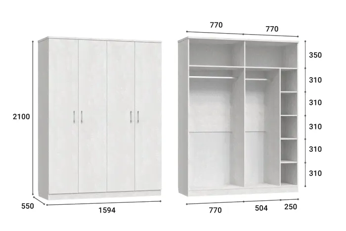 Шкаф четырехдверный для одежды Виктория белого цвета, 159 x 210 x 55 см-1